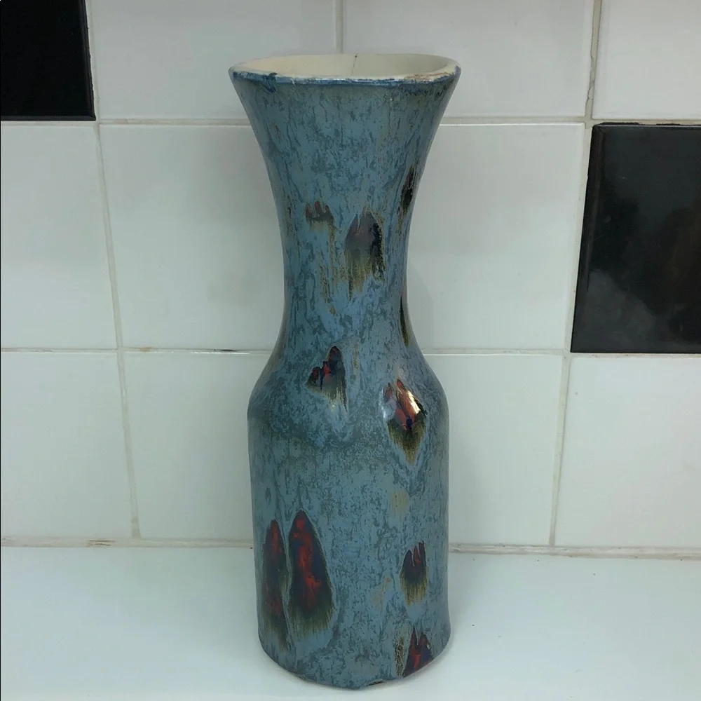 BLUE CERAMIC HANDMADE VASE • RED/GOLD/NAVY ACCENTS • 9.75” x 3”